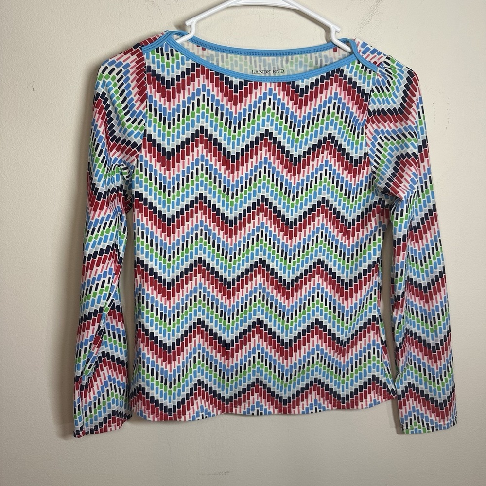 Lands' End‎ Girls Size 12 Rash Guard Chevron Print Long Sleeve Boat Neck Stretch